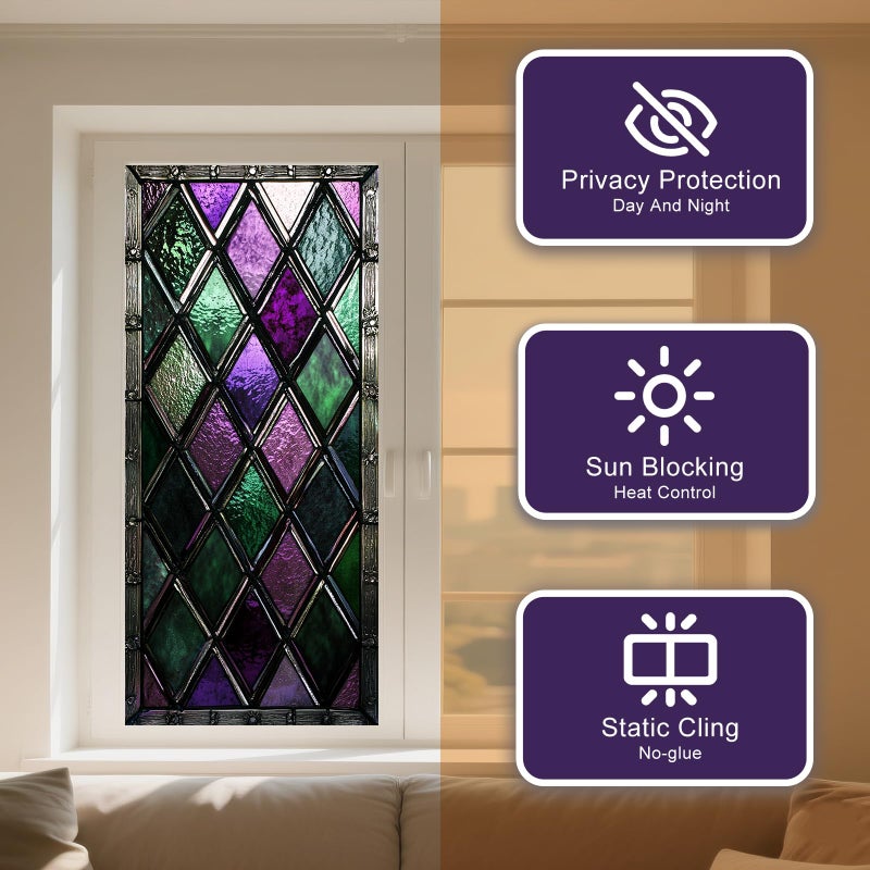 IVN Privacy Window Film Stained Glass Window Cling Purple Green Diamond Pattern Decorative Static Cling Window Sticker for Bathroom Kitchen Entry Door 17.7 x 39.3 Inch - Image 2