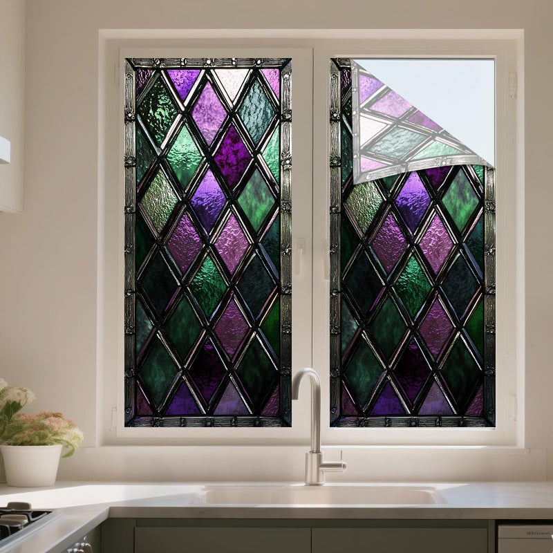 IVN Privacy Window Film Stained Glass Window Cling Purple Green Diamond Pattern Decorative Static Cling Window Sticker for Bathroom Kitchen Entry Door 17.7 x 39.3 Inch - Image 5