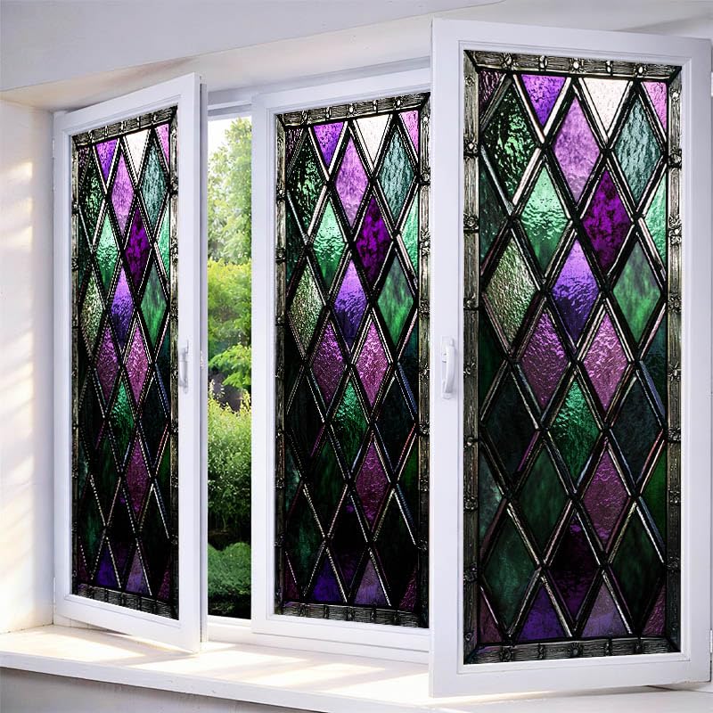 IVN Privacy Window Film Stained Glass Window Cling Purple Green Diamond Pattern Decorative Static Cling Window Sticker for Bathroom Kitchen Entry Door 17.7 x 39.3 Inch - Image 1
