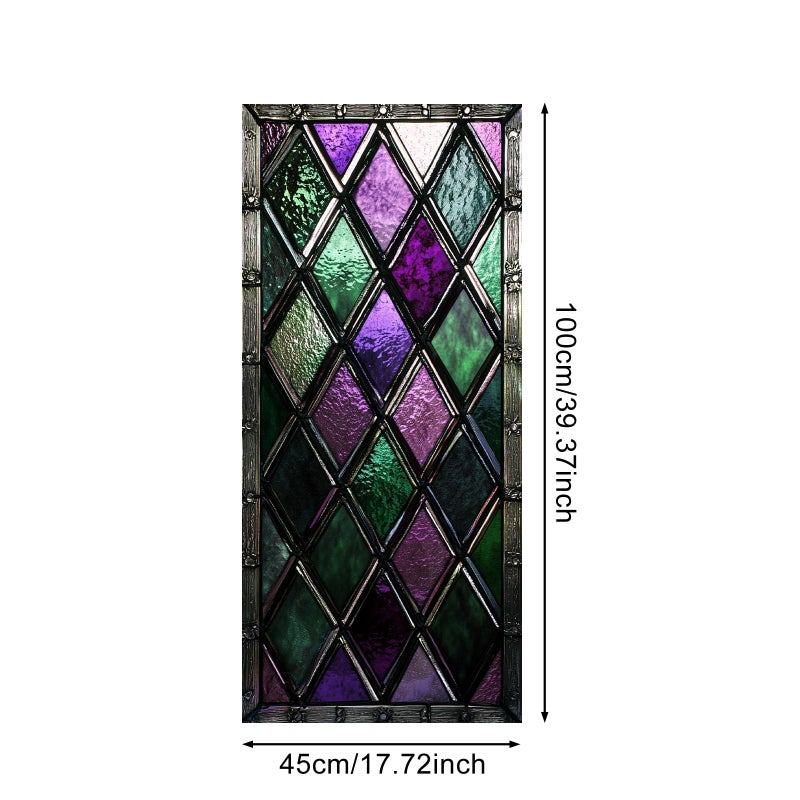 IVN Privacy Window Film Stained Glass Window Cling Purple Green Diamond Pattern Decorative Static Cling Window Sticker for Bathroom Kitchen Entry Door 17.7 x 39.3 Inch - Image 3