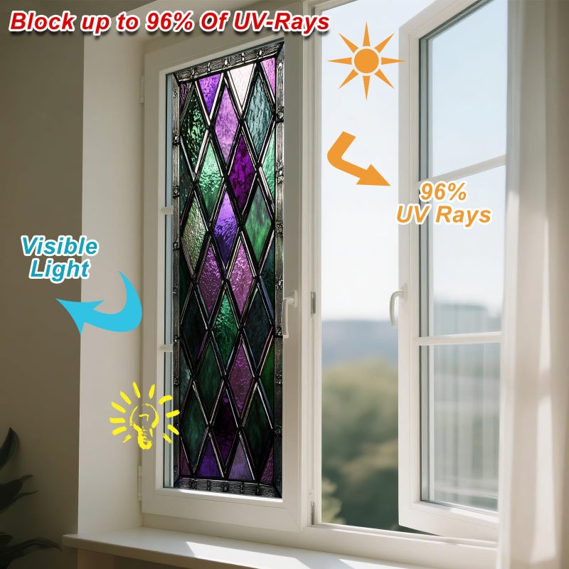 IVN Privacy Window Film Stained Glass Window Cling Purple Green Diamond Pattern Decorative Static Cling Window Sticker for Bathroom Kitchen Entry Door 17.7 x 39.3 Inch - Image 4