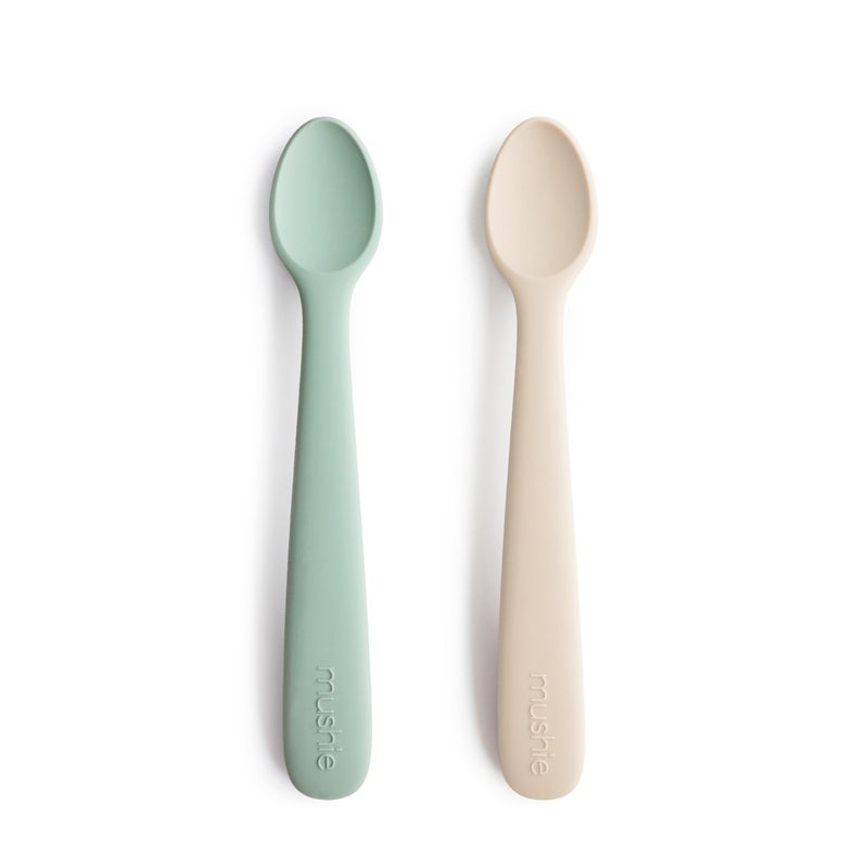 mushie Silicone Baby Feeding Spoons | 2 Pack (Cambridge Blue/Shifting Sand) - Image 1