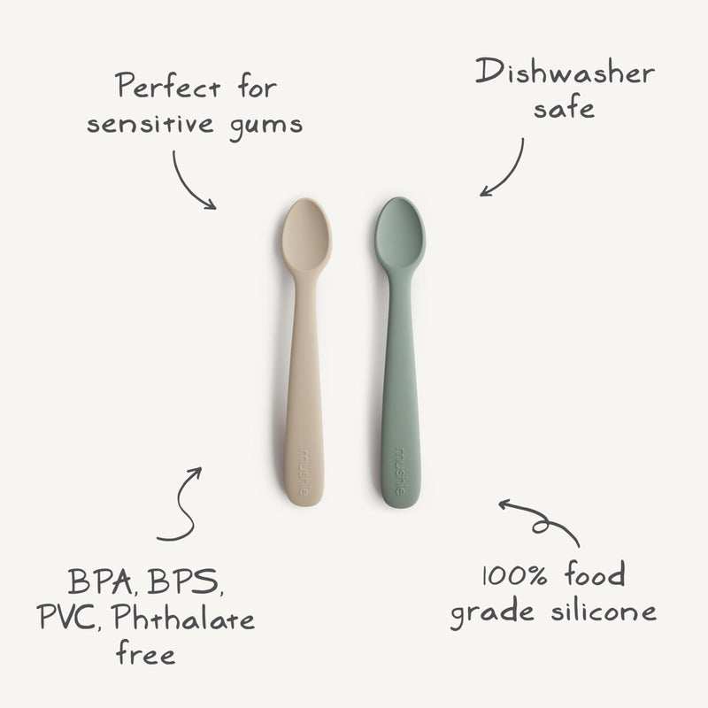 mushie Silicone Baby Feeding Spoons | 2 Pack (Cambridge Blue/Shifting Sand) - Image 2