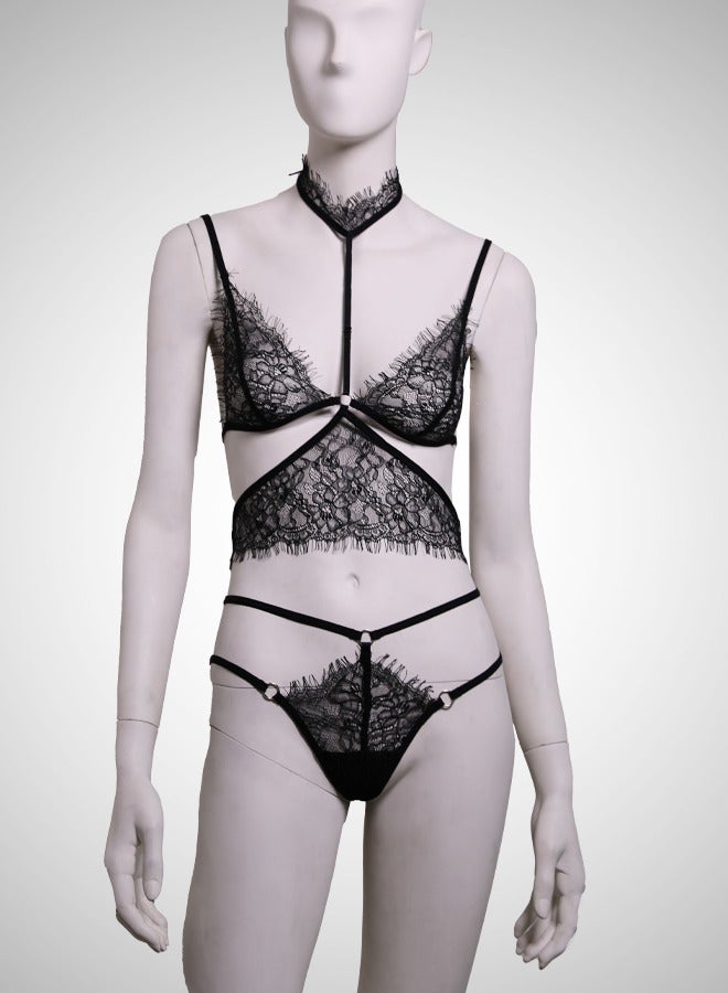 ovitio Black Lingerie Set with Lace and Chiffon Details - Two Pieces - Image 1