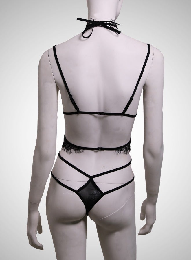 ovitio Black Lingerie Set with Lace and Chiffon Details - Two Pieces - Image 2