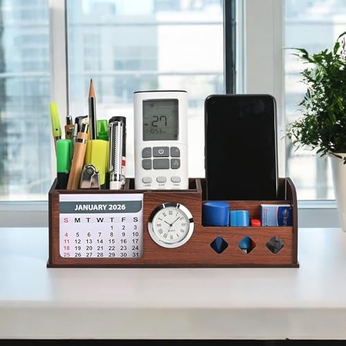 Gift Kya De GKD Wooden Desk Calendar 2026 with Clock & Desk Organizer | Premium Engineered Wood Table Calendar for Office & Home Decor | Corporate Gift | Made in India - Image 1