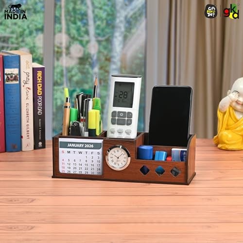 Gift Kya De GKD Wooden Desk Calendar 2026 with Clock & Desk Organizer | Premium Engineered Wood Table Calendar for Office & Home Decor | Corporate Gift | Made in India - Image 5