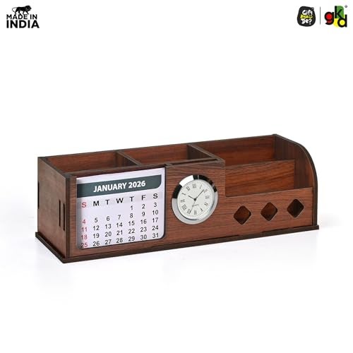 Gift Kya De GKD Wooden Desk Calendar 2026 with Clock & Desk Organizer | Premium Engineered Wood Table Calendar for Office & Home Decor | Corporate Gift | Made in India - Image 4