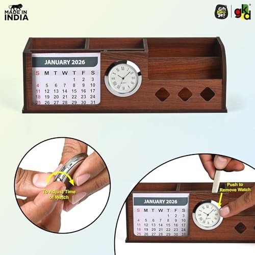 Gift Kya De GKD Wooden Desk Calendar 2026 with Clock & Desk Organizer | Premium Engineered Wood Table Calendar for Office & Home Decor | Corporate Gift | Made in India - Image 2