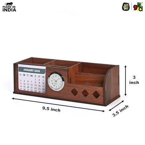 Gift Kya De GKD Wooden Desk Calendar 2026 with Clock & Desk Organizer | Premium Engineered Wood Table Calendar for Office & Home Decor | Corporate Gift | Made in India - Image 3