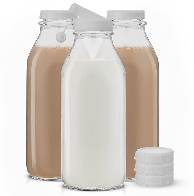 JoyJolt Glass Milk Bottles with Lids and Pourer â€“ 32 Oz, 3 Pack Airtight Heavy Duty Reusable Glass Bottles, Leakproof, BPA-Free, Food Grade, Dishwasher Safe Jug, Pitcher for Milk, Juice, and Water - Image 1