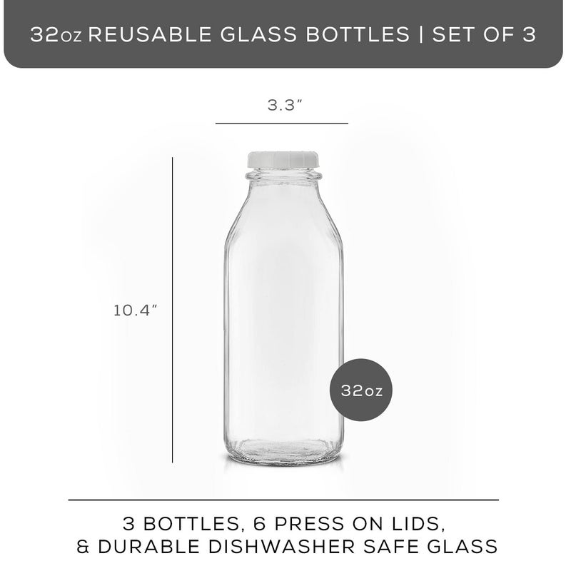 JoyJolt Glass Milk Bottles with Lids and Pourer â€“ 32 Oz, 3 Pack Airtight Heavy Duty Reusable Glass Bottles, Leakproof, BPA-Free, Food Grade, Dishwasher Safe Jug, Pitcher for Milk, Juice, and Water - Image 2