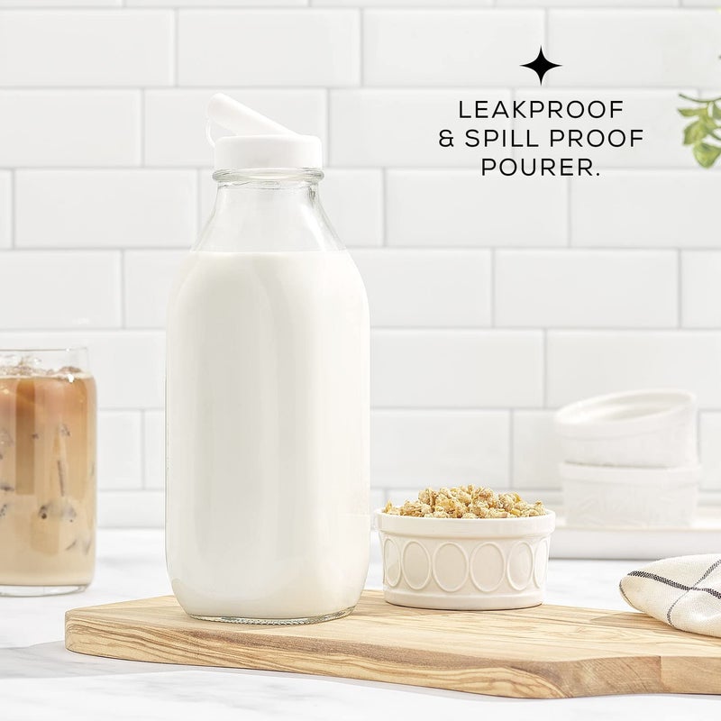 JoyJolt Glass Milk Bottles with Lids and Pourer â€“ 32 Oz, 3 Pack Airtight Heavy Duty Reusable Glass Bottles, Leakproof, BPA-Free, Food Grade, Dishwasher Safe Jug, Pitcher for Milk, Juice, and Water - Image 4