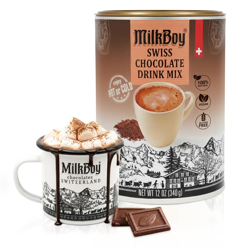 Milkboy Swiss Chocolates Gluten Free Hot Chocolate Mix for Cold or Hot Cocoa - Kosher, Vegan, Gourmet Swiss Chocolate Drink Mix, Made in Switzerland, Rainforest Alliance Certified Cocoa, 12 OZ - Image 1