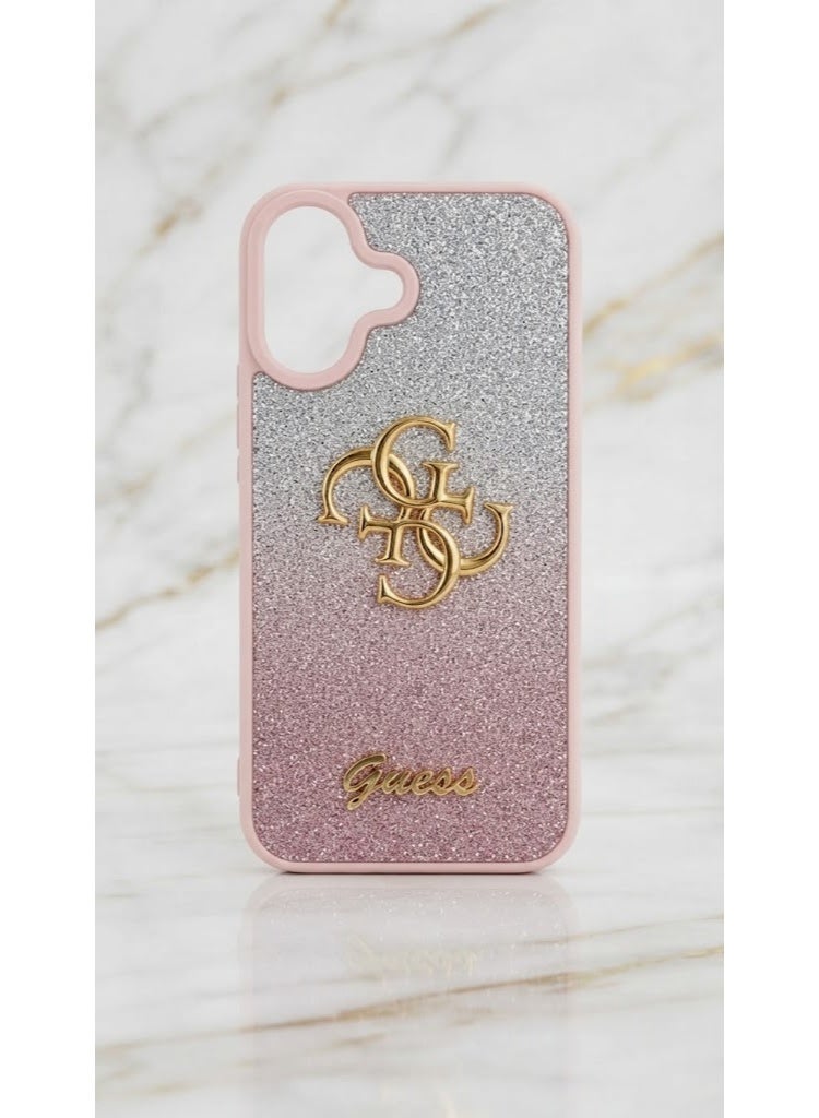GUESS Luxury Glitter Back Case with Gold Logo for iPhone 16  – Elegant Pink Frame Shockproof Protective Cover - Image 2