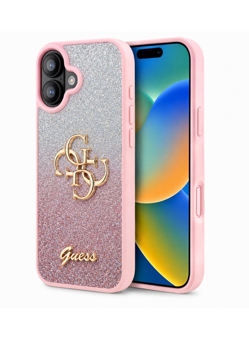 GUESS Luxury Glitter Back Case with Gold Logo for iPhone 16  – Elegant Pink Frame Shockproof Protective Cover - Image 1