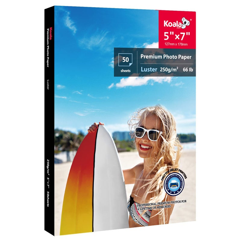 KOALA PAPER ورق صور كوالا بريميوم 5x7 بوصة لامع لطابعة الصور لطابعة نفث الحبر مقاوم للماء بلمسة ناعمة 66 رطل 50 ورقة - Image 1