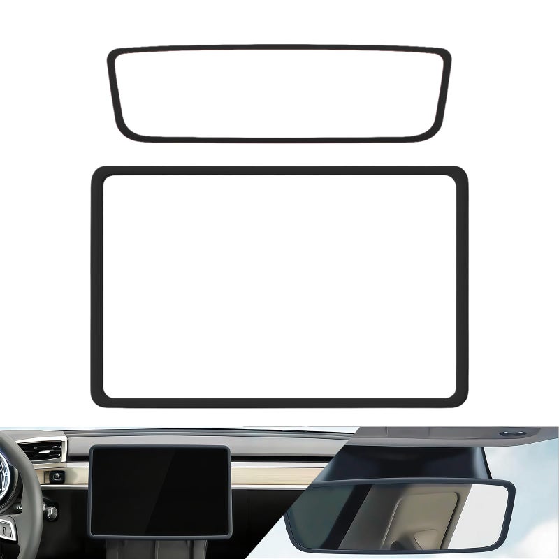 EKUWU 2 PCS Protector Trim Frame Center Screen Edge Frame Rear View Mirror Cover Protector Car Interior Decor Accessories Compatible with Model 3 and Model Y Black - Image 3