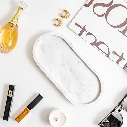 WORHE Natural Marble Vanity Tray Italy Oval Stone Trays for Candles Perfume, Decorative Jewelry Dish for Small Items, Countertop Storage Organizer for Home Bathroom Kitchen Matte Surface White (BH101) - Image 3