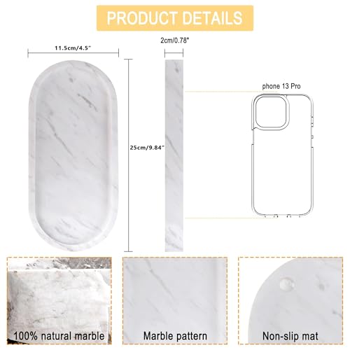 WORHE Natural Marble Vanity Tray Italy Oval Stone Trays for Candles Perfume, Decorative Jewelry Dish for Small Items, Countertop Storage Organizer for Home Bathroom Kitchen Matte Surface White (BH101) - Image 4