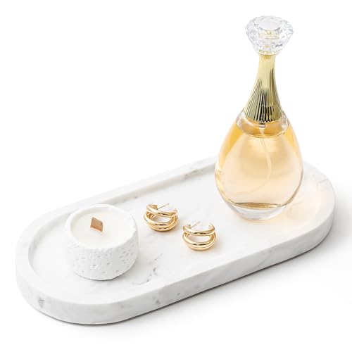 WORHE Natural Marble Vanity Tray Italy Oval Stone Trays for Candles Perfume, Decorative Jewelry Dish for Small Items, Countertop Storage Organizer for Home Bathroom Kitchen Matte Surface White (BH101) - Image 1