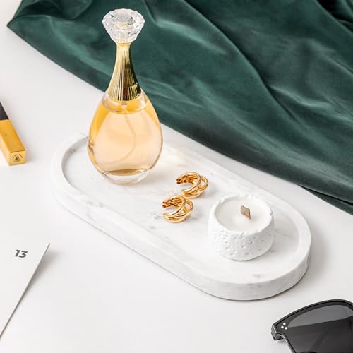 WORHE Natural Marble Vanity Tray Italy Oval Stone Trays for Candles Perfume, Decorative Jewelry Dish for Small Items, Countertop Storage Organizer for Home Bathroom Kitchen Matte Surface White (BH101) - Image 2