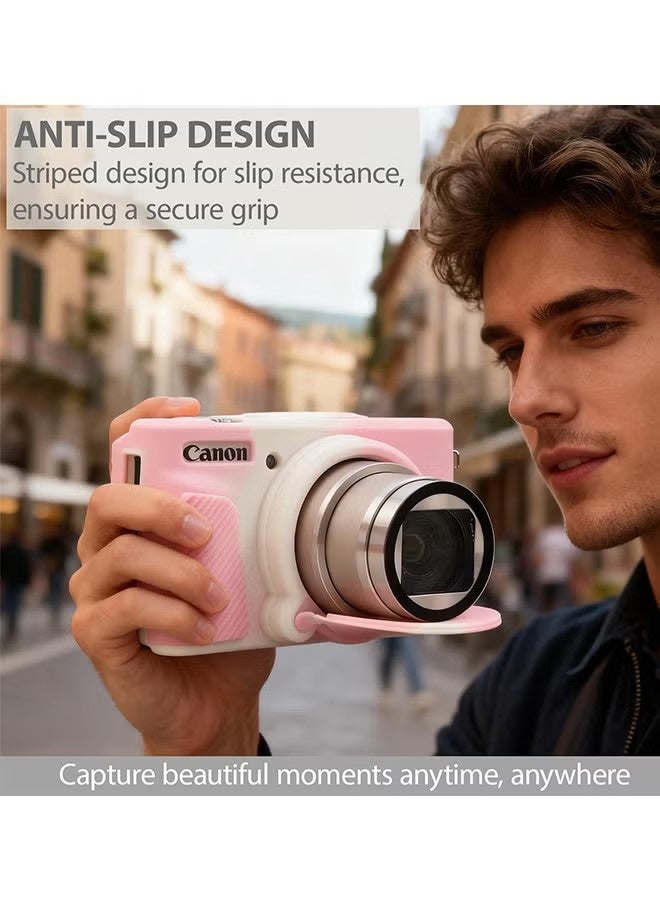 YJ Silicone Protective Case Compatible with Canon PowerShot SX740 SX730 HS Digital Camera, Soft Rubber SX740 HS Protective Cover, Non-Slip and Scratch-Resistant, White and Pink - Image 2