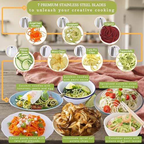 Brieftons 7-Blade Vegetable Spiralizer: Strongest-Heaviest Spiral Slicer, Best Veggie Pasta Spaghetti Maker for Low Carb/Paleo/Gluten-Free Meals, With Container, Lid, Blade Caddy & 4 Recipe Ebooks - Image 4