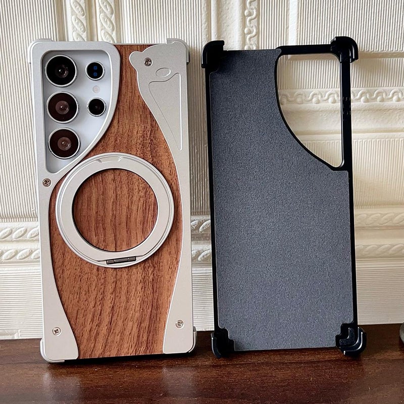 إيروريكس جراب هاتف MagSafe بدون إطار معدني من خشب الجوز لهاتف Samsung Galaxy S25 Ultra 5G، يدور 360 درجة، مع حامل (فضي) - Image 4