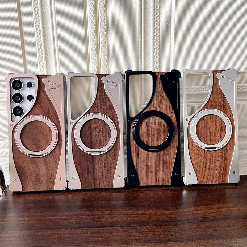 إيروريكس جراب هاتف MagSafe بدون إطار معدني من خشب الجوز لهاتف Samsung Galaxy S25 Ultra 5G، يدور 360 درجة، مع حامل (فضي) - Image 2