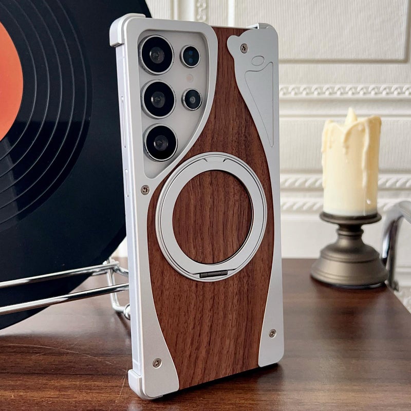 إيروريكس جراب هاتف MagSafe بدون إطار معدني من خشب الجوز لهاتف Samsung Galaxy S25 Ultra 5G، يدور 360 درجة، مع حامل (فضي) - Image 1