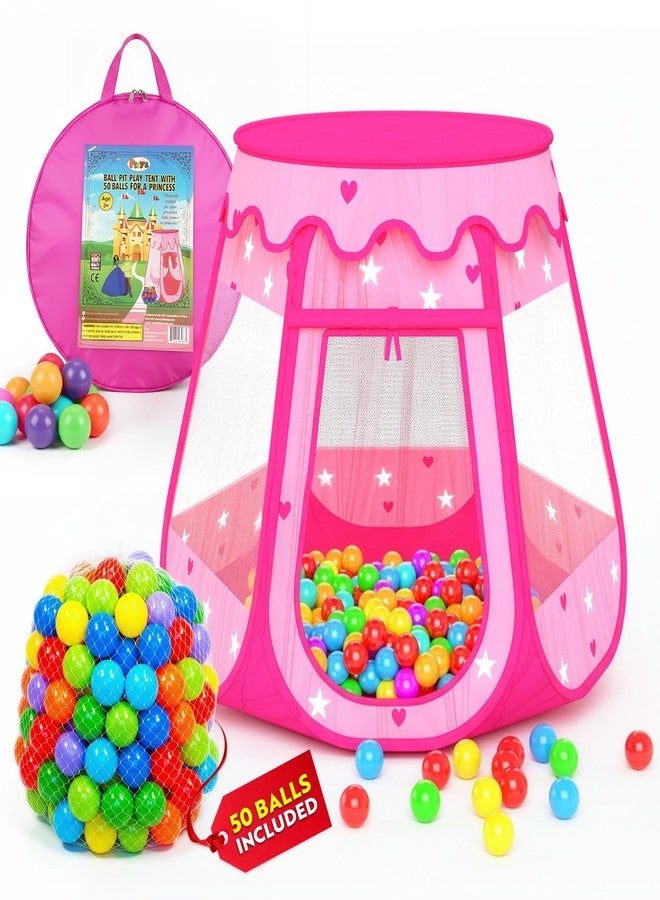Playz Ball Pit Princess Castle Play Tent for Girls w/ 50 Balls Included - Pop Up Children Play Tent for Indoor & Outdoor Use - Playland Playhouse Tent w/ & Glow in The Dark Stars & Zipper Storage Case - Image 1