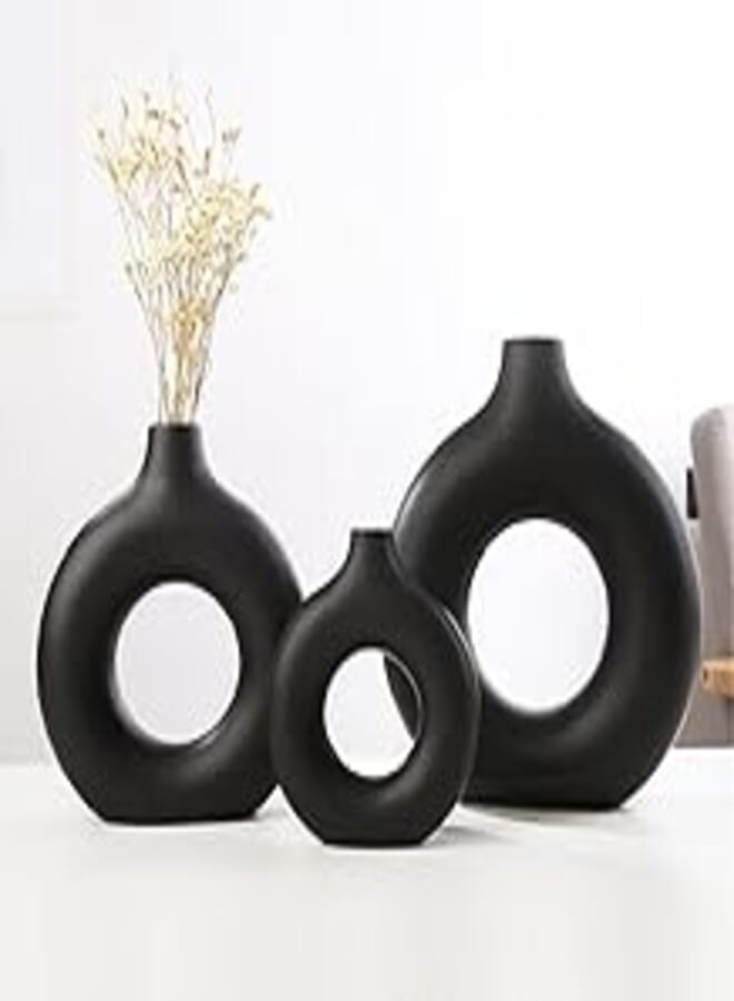 Ceramic Vase Set 3 for Home Decor, Hollow Round Matte Vases Boho Decor for Pampas Grass, Modern Vases Minimalist Decor for Living Room Office Wedding Party Bedroom Dining Table(Black)