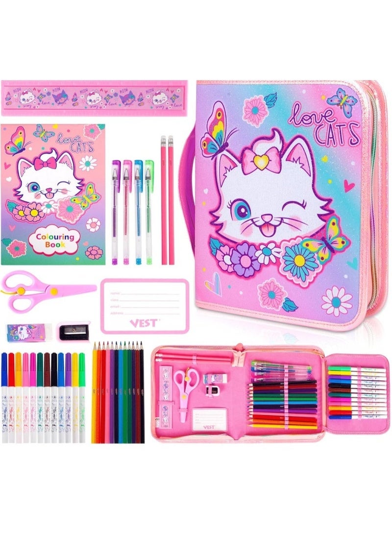 VEST Kids Painting Stationery Set 20×25×3.5cm for Children Graffiti Art Creation Painting Enlightenment Daily Writing Cute Cat Cartoon Pattern Portable Zipper Full Painting Stationery Gift Box Colored Pencils Creative Markers Pen Multicolour notebook stationery set - Image 1