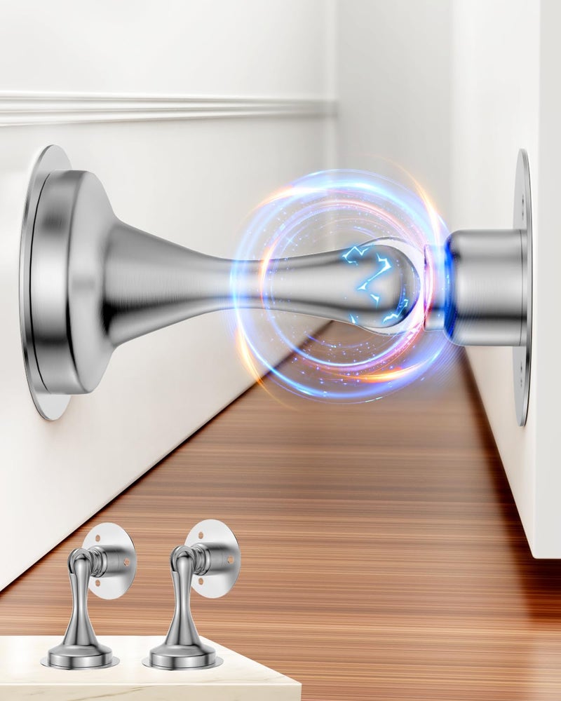 HELEMAN Door Stoppers Magnetic Door Catch - 2 Pack Stainless Steel Heavy Duty Door Holder Stops for Bottom Top of Door - Wall Floor Mounting No Drill 3M Adhesive & Screws Strong Magnet Keep Door Open(Silver) - Image 1
