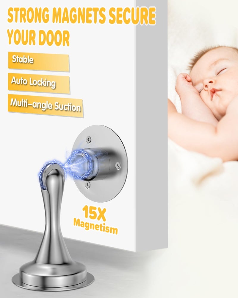 HELEMAN Door Stoppers Magnetic Door Catch - 2 Pack Stainless Steel Heavy Duty Door Holder Stops for Bottom Top of Door - Wall Floor Mounting No Drill 3M Adhesive & Screws Strong Magnet Keep Door Open(Silver) - Image 2