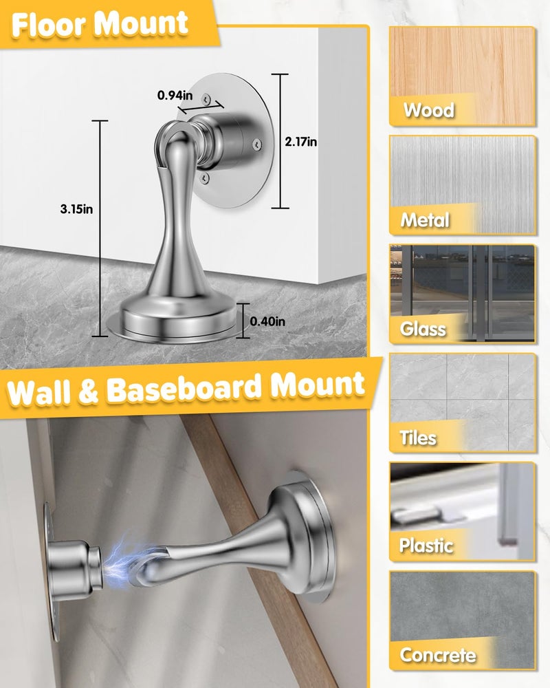 HELEMAN Door Stoppers Magnetic Door Catch - 2 Pack Stainless Steel Heavy Duty Door Holder Stops for Bottom Top of Door - Wall Floor Mounting No Drill 3M Adhesive & Screws Strong Magnet Keep Door Open(Silver) - Image 3
