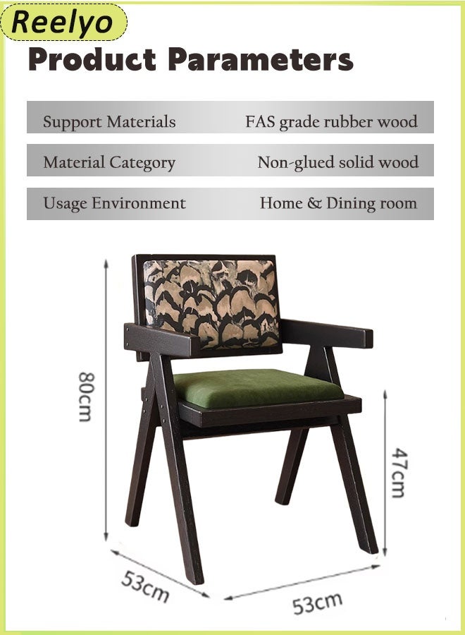 Reelyo Solid Wood Mid Century Modern Accent Chair Rubberwood Frame Armchair With Rattan And Feather Patterns French-Print Velvet Backrest And Green Seat Cushions High-Density Foam Design Formaldehyde-Free Adhesive Perfect For Home Office Living Room And Dining Room / Cafes And Restaurants For Commercial Use, Black - Image 2