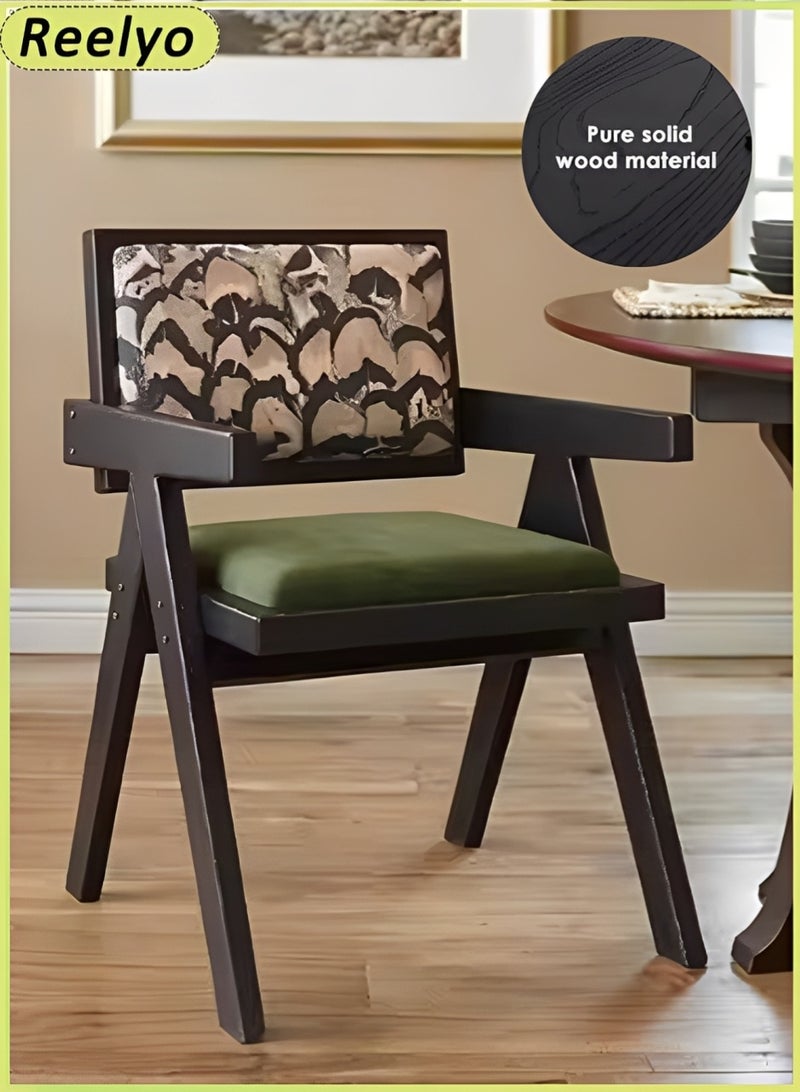 Reelyo Solid Wood Mid Century Modern Accent Chair Rubberwood Frame Armchair With Rattan And Feather Patterns French-Print Velvet Backrest And Green Seat Cushions High-Density Foam Design Formaldehyde-Free Adhesive Perfect For Home Office Living Room And Dining Room / Cafes And Restaurants For Commercial Use, Black - Image 1