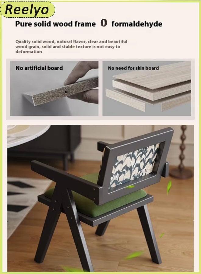 Reelyo Solid Wood Mid Century Modern Accent Chair Rubberwood Frame Armchair With Rattan And Feather Patterns French-Print Velvet Backrest And Green Seat Cushions High-Density Foam Design Formaldehyde-Free Adhesive Perfect For Home Office Living Room And Dining Room / Cafes And Restaurants For Commercial Use, Black - Image 4