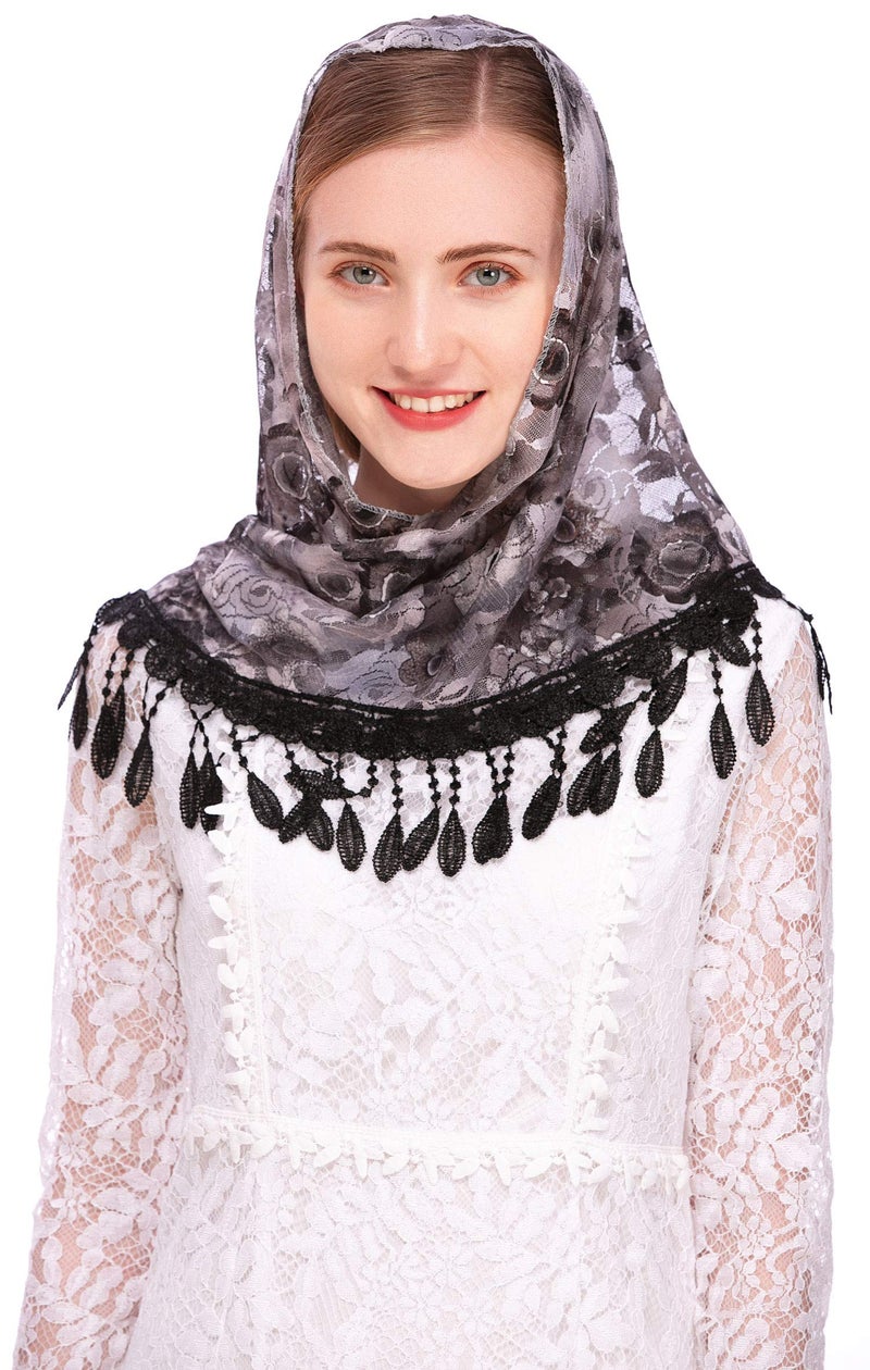 PAMOR Mass Veil Triangle Mantilla Cathedral Head Covering Chapel Veil Lace Shawl Latin Scarf (Black and White) - Image 2