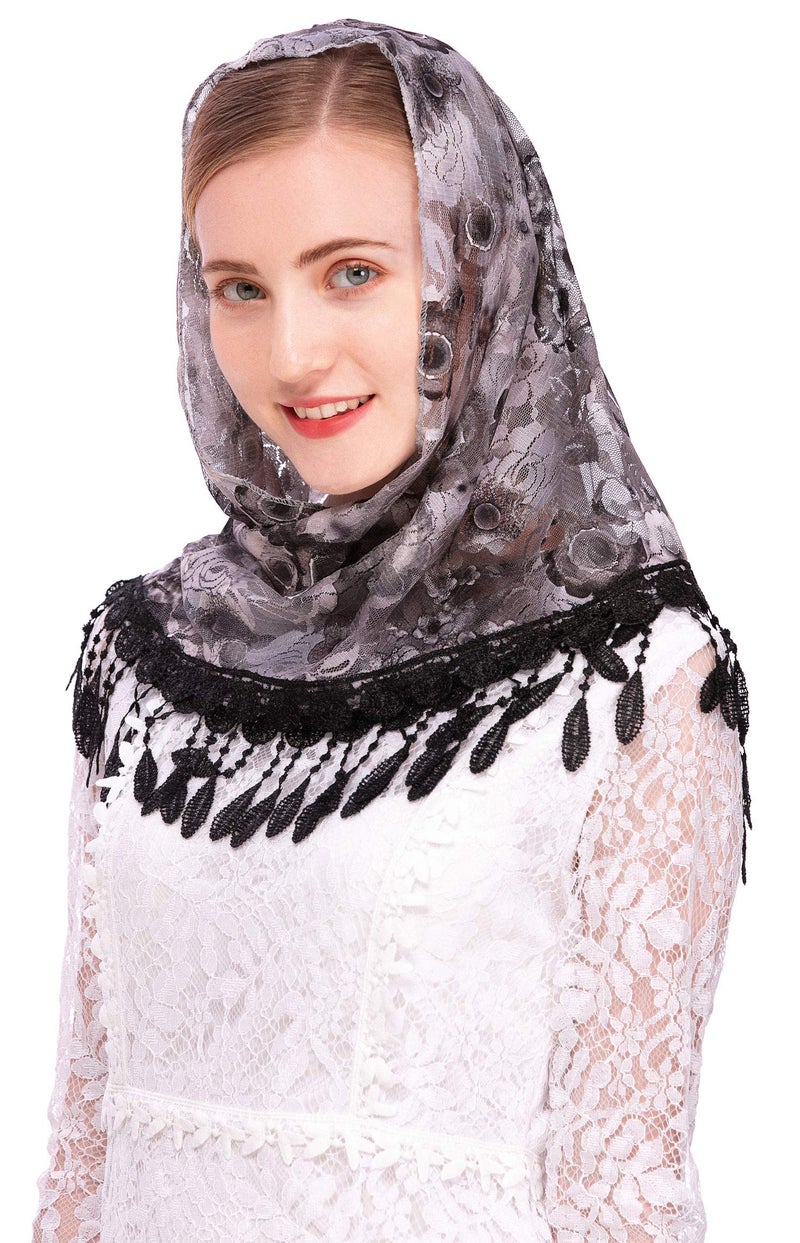 PAMOR Mass Veil Triangle Mantilla Cathedral Head Covering Chapel Veil Lace Shawl Latin Scarf (Black and White) - Image 3