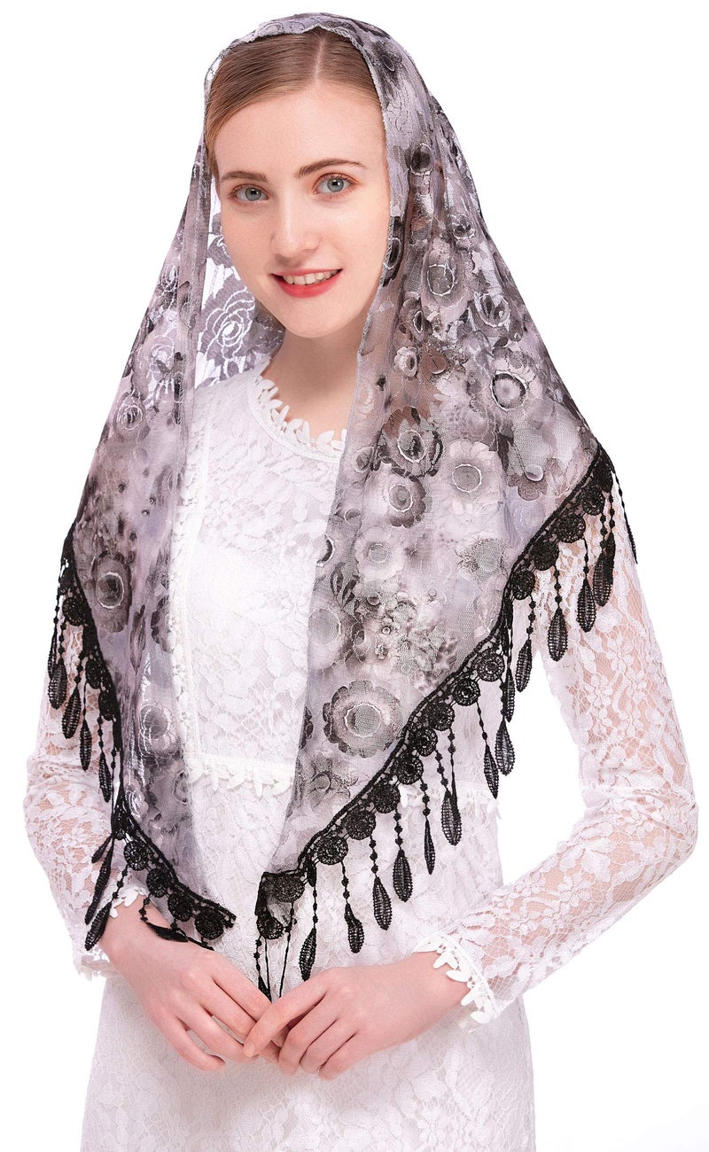 PAMOR Mass Veil Triangle Mantilla Cathedral Head Covering Chapel Veil Lace Shawl Latin Scarf (Black and White) - Image 1