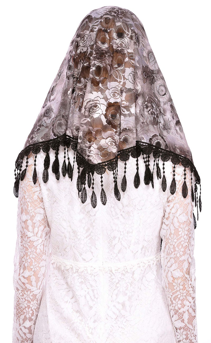 PAMOR Mass Veil Triangle Mantilla Cathedral Head Covering Chapel Veil Lace Shawl Latin Scarf (Black and White) - Image 4