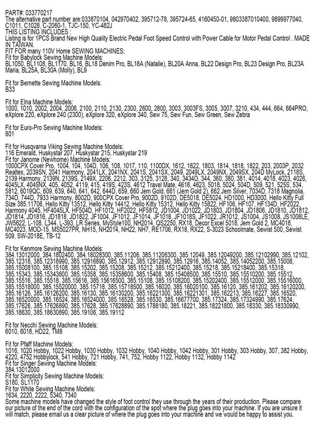 CKPSMS Brand -#033770217 110V Foot Control Pedal Compatible with/Replacement for Janome Brand 104D,644D,734D,744D,900CPX,1000CPX Cover Pro Viking Brand Huskystar 207,215,219 White Brand 5340,7340 - Image 4