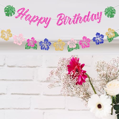 FHGG Hawaiian Happy Birthday Banner Party Decorations Glitter Tropical moana for Summer Tropical Luau Party Palm Leaf Baby Shower Birthday Decor - Image 5