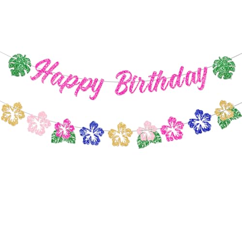 FHGG Hawaiian Happy Birthday Banner Party Decorations Glitter Tropical moana for Summer Tropical Luau Party Palm Leaf Baby Shower Birthday Decor - Image 1