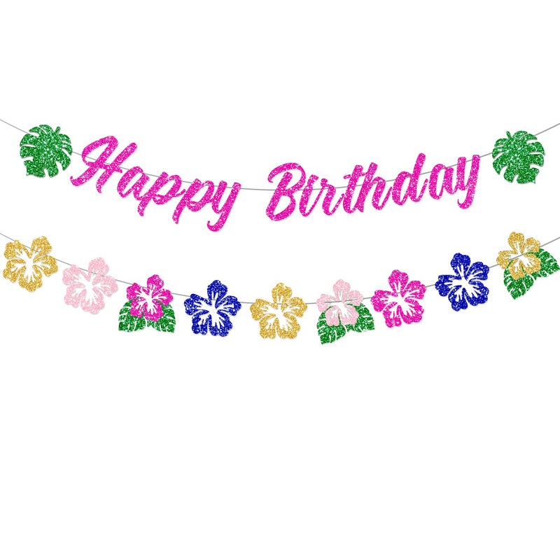 FHGG Hawaiian Happy Birthday Banner Party Decorations Glitter Tropical moana for Summer Tropical Luau Party Palm Leaf Baby Shower Birthday Decor - Image 3