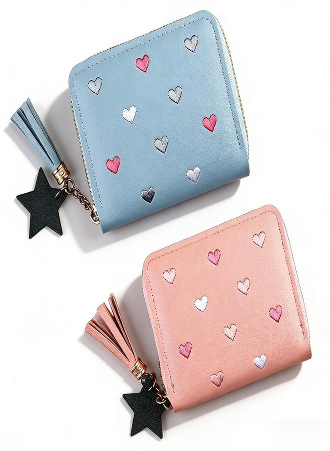 KGCGJVB 2Pcs Cute Wallets for Women Pink Blue PU Leather Small Card Holder with Heart-Embroidery Y2K Style Zipper Coin Purse Credit Card Wallet with Tassel Pendant - Image 1