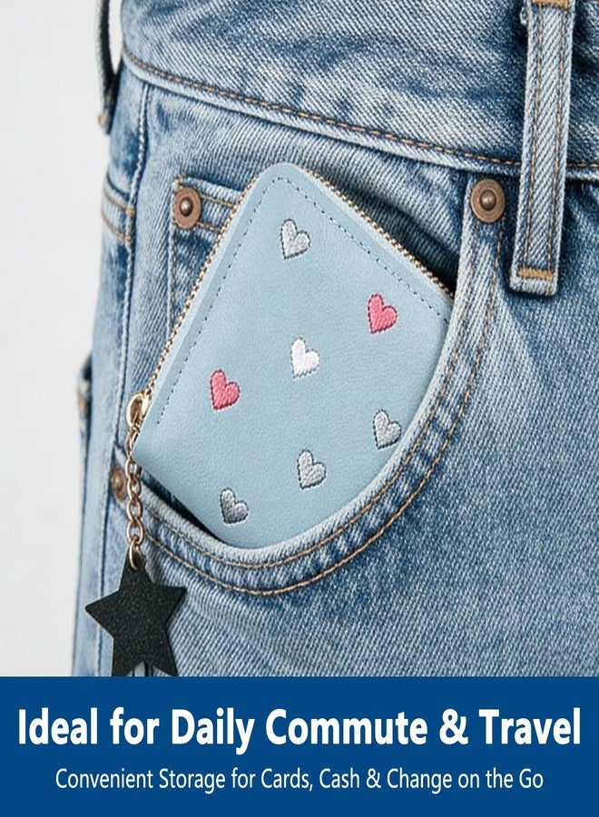 KGCGJVB 2Pcs Cute Wallets for Women Pink Blue PU Leather Small Card Holder with Heart-Embroidery Y2K Style Zipper Coin Purse Credit Card Wallet with Tassel Pendant - Image 3